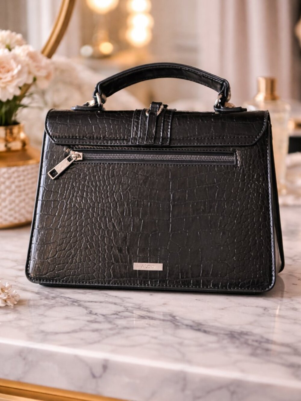Aldo Anniebrook Black Croc Embossed Satchel Structured Top Handle Chain Lock NEW - Picture 5 of 10